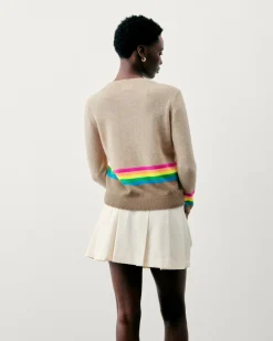 Pull Col Rond Bas à Bandes Multicolores