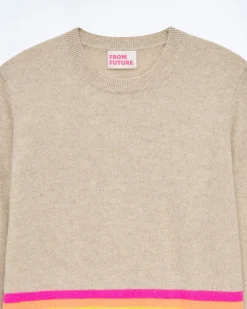 Pull Col Rond Bas à Bandes Multicolores